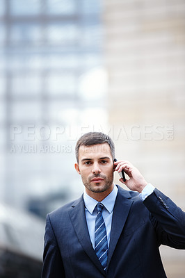 Buy stock photo Phone call, outdoor or businessman in portrait for conversation, chat and deal communication. Travel, confident banker and serious financial advisor networking for investment, negotiation or news