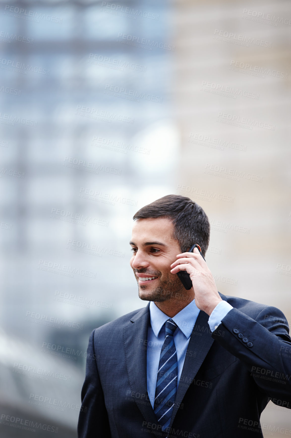 Buy stock photo Phone call, outdoor or happy businessman for conversation, sales and deal communication in commute. Travel, confident banker or proud financial advisor networking for investment, negotiation or news