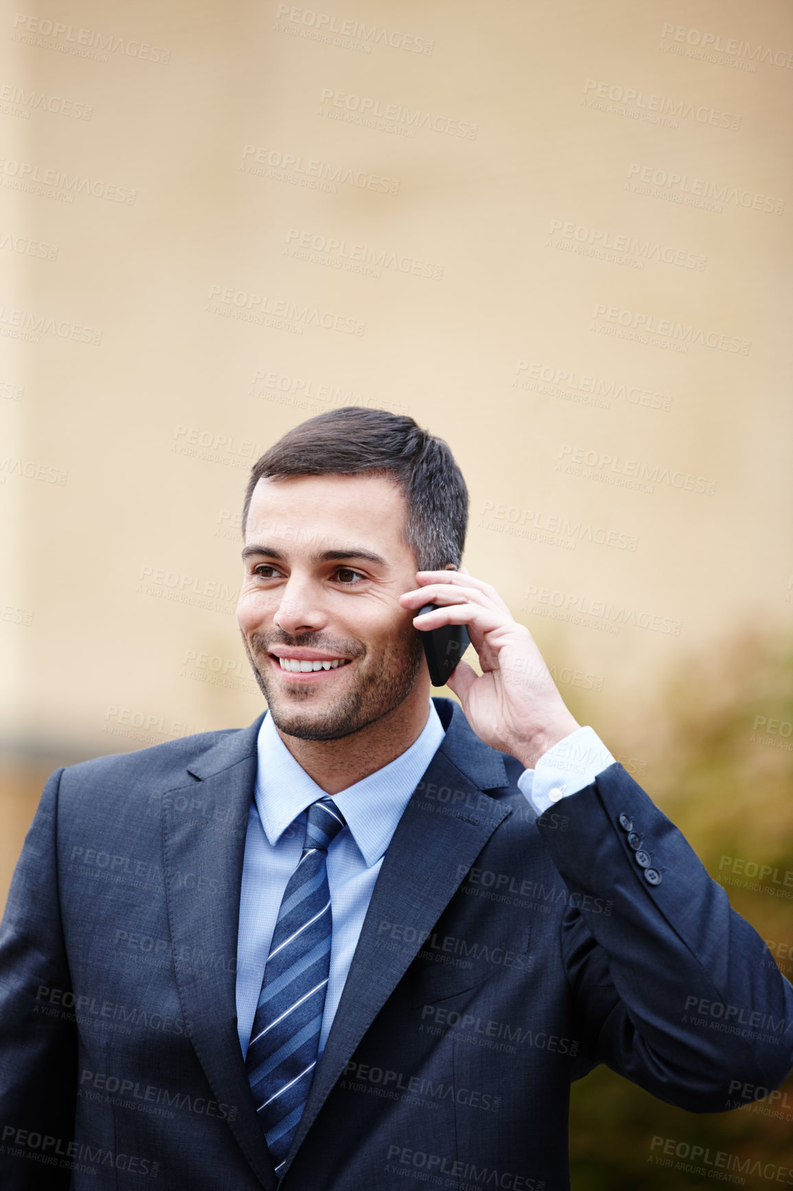 Buy stock photo Phone call, outdoor or happy businessman for discussion, conversation or communication in commute. Travel, confident banker or financial advisor networking for investment, negotiation or sales news