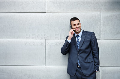 Buy stock photo Phone call, outdoor or businessman by wall talking for conversation or deal communication. Mockup space, proud banker or happy financial advisor networking for investment, negotiation or news in chat