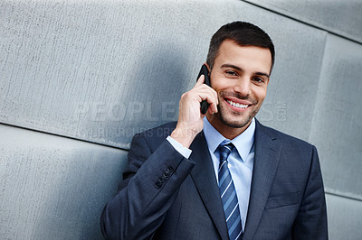 Buy stock photo Phone call, portrait or businessman by wall talking for conversation or deal communication. Outdoor, proud banker or happy financial advisor networking for investment, negotiation or news in chat