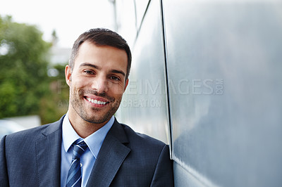 Buy stock photo Businessman, outside and building with smile in portrait for corporate business or startup with confidence. Lawyer, break and happy at firm with client advisor on street for financial law in Germany.