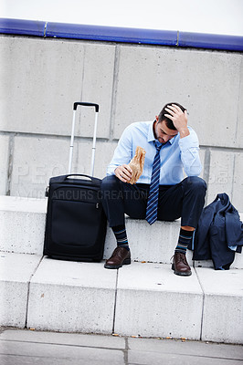 Buy stock photo Businessman, alcohol and depressed for outside, sad and job loss or fired for alcoholism. Depression, stairs and stress for mental break down or burnout, drinking and suitcase for work travel in city