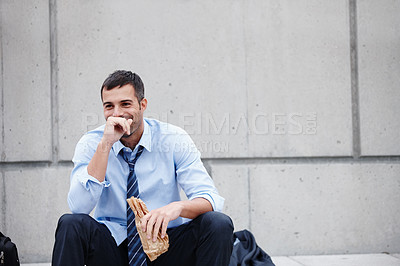 Buy stock photo Businessman, alcohol and drunk for outside, sad and job loss or fired for alcoholism. Depression, laugh or addiction for mental break for stock market crash, drink or unemployment for male person