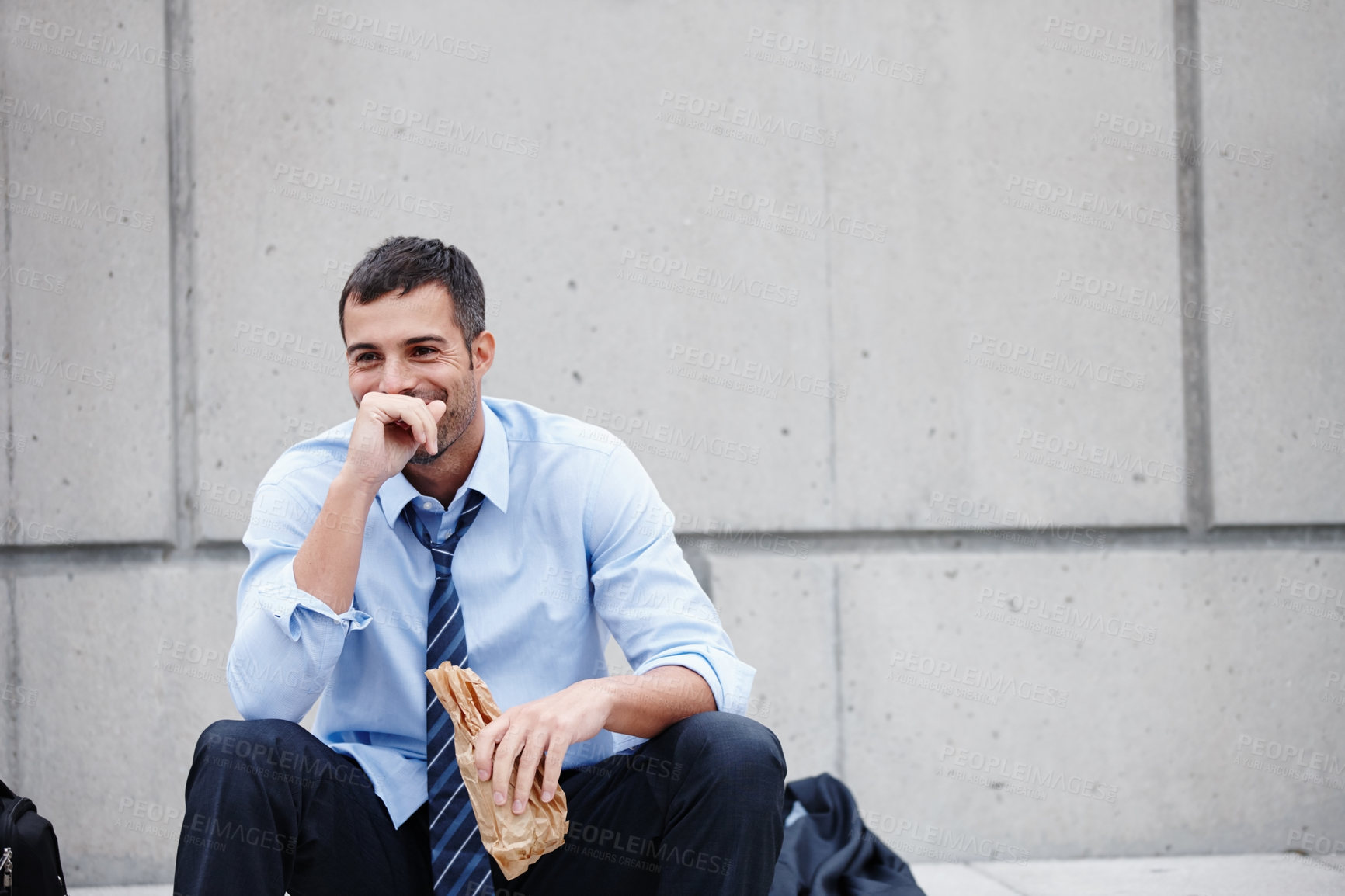 Buy stock photo Businessman, alcohol and drunk for outside, sad and job loss or fired for alcoholism. Depression, laugh or addiction for mental break for stock market crash, drink or unemployment for male person