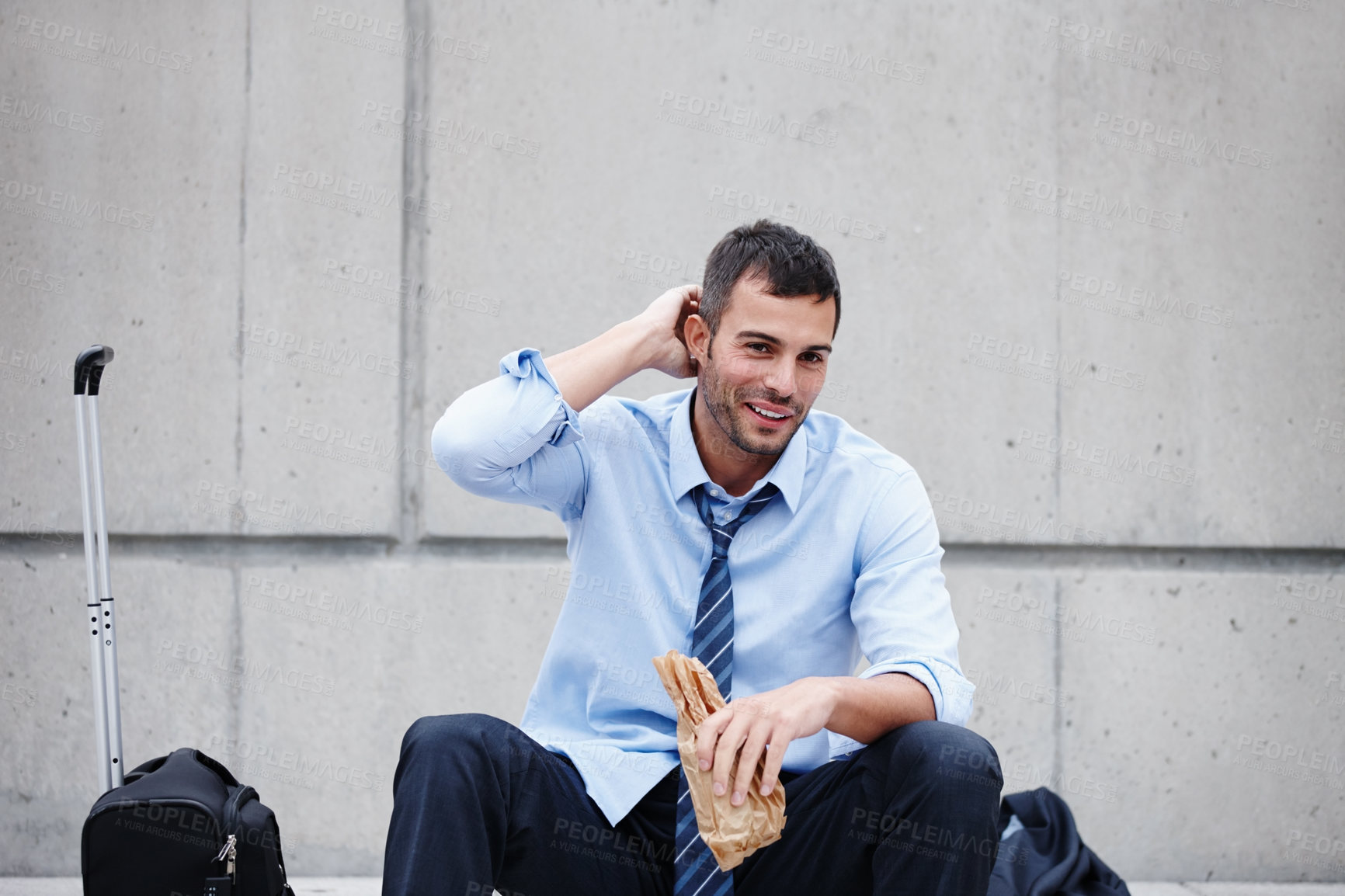 Buy stock photo Businessman, alcohol and drunk for outside, sad and job loss or fired for alcoholism. Depression, laugh or addiction for mental break for stock market crash, drink or unemployment for male person