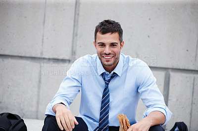 Buy stock photo Businessman, alcohol and drunk for outside, portrait or job loss or fired for alcoholism. Depression, laugh or addiction for mental break for stock market crash, drink or unemployment for male person