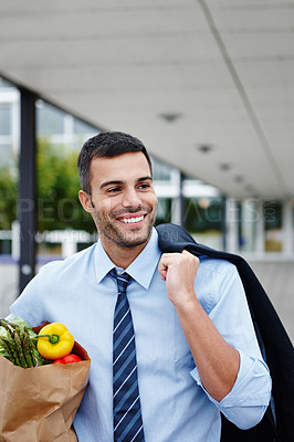 Buy stock photo Businessman, grocery bag and smile for food shopping, supermarket and travel home from work. Vegetables, ingredients and healthy diet or nutrition for detox, corporate person and commute with produce