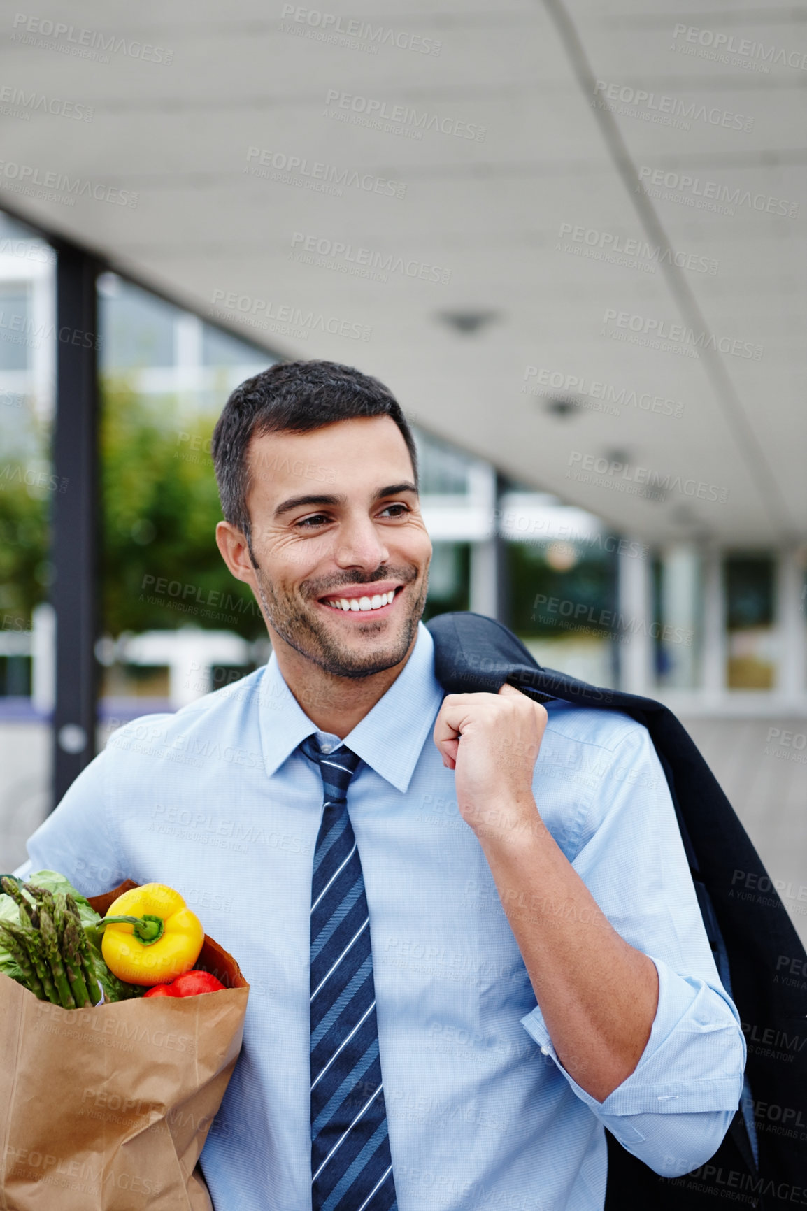 Buy stock photo Businessman, grocery bag and smile for food shopping, supermarket and travel home from work. Vegetables, ingredients and healthy diet or nutrition for detox, corporate person and commute with produce