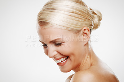 Buy stock photo Isolated shot of a laughing blonde woman with copyspace