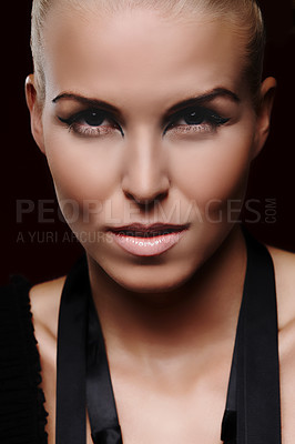 Buy stock photo Portrait, woman and eyeliner in studio, for beauty cosmetics and transformation for confidence. Model, female person and glamour or edgy by black background for creativity, design and pride for art