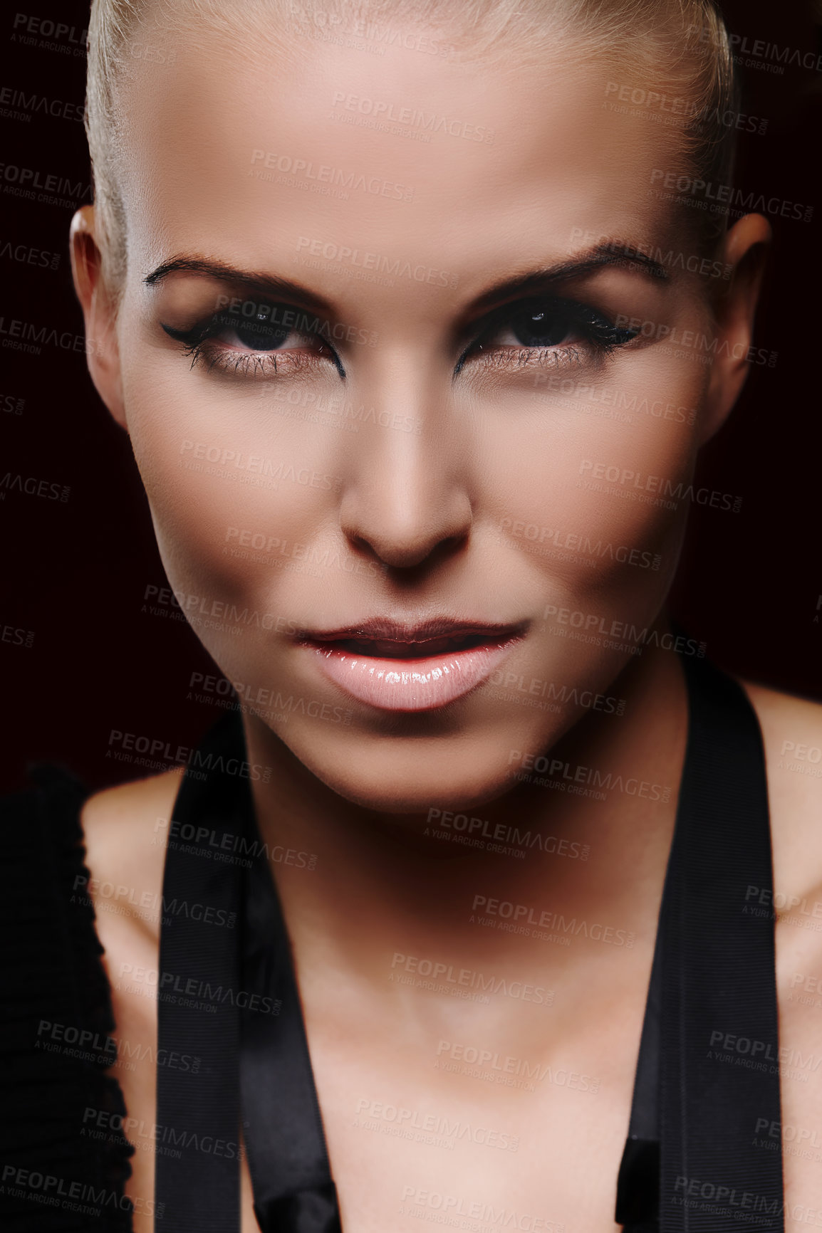 Buy stock photo Portrait, woman and eyeliner in studio, for beauty cosmetics and transformation for confidence. Model, female person and glamour or edgy by black background for creativity, design and pride for art