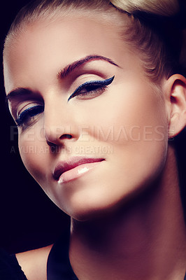 Buy stock photo Eyeliner, woman and portrait in studio, for beauty, cosmetics and foundation for confidence. Model, female person and glamour or luxury by black background for creativity, design and pride for art