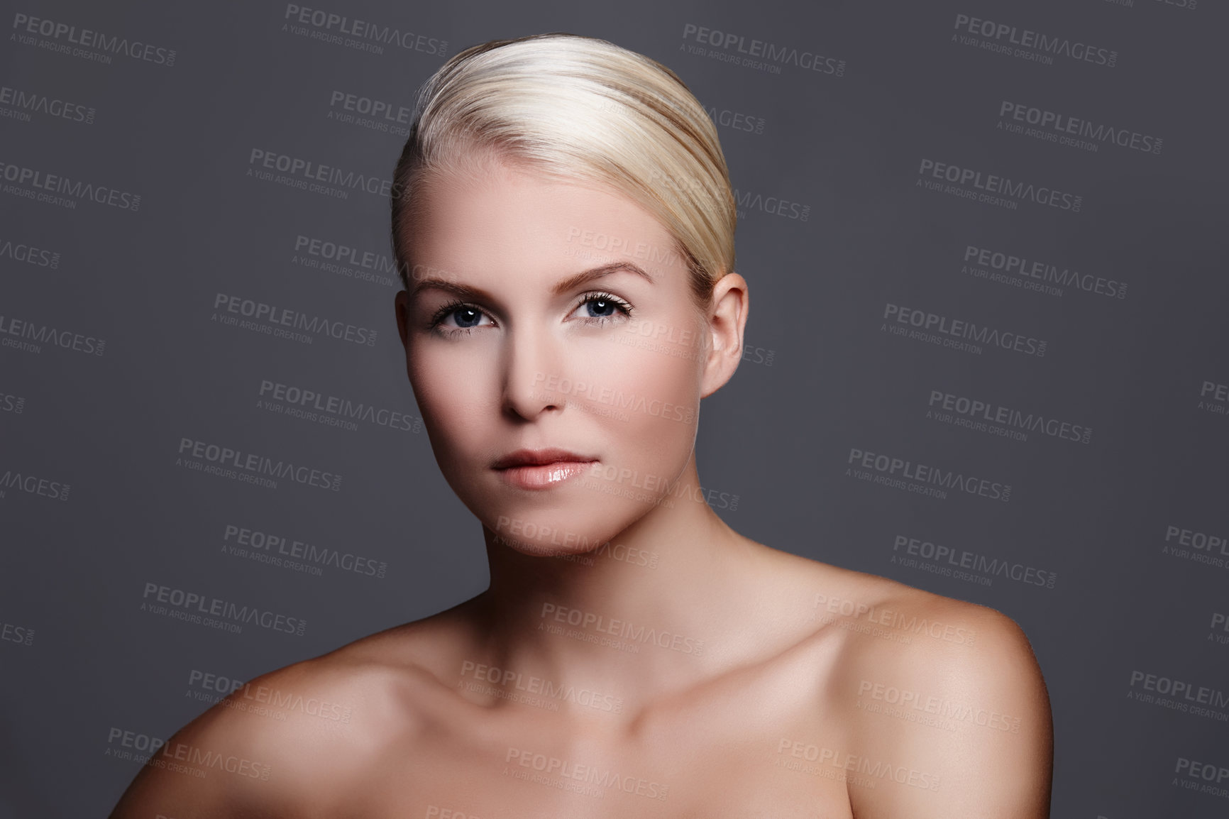 Buy stock photo Portrait, skincare and woman in studio with beauty for facial glow, skin health and salon or spa aesthetic. Dermatology, model girl and cosmetics with wellness and natural makeup by grey background