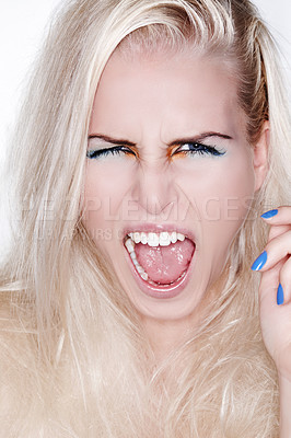 Buy stock photo Portrait, screaming and woman in studio for makeup, angry and rage or frustrated for cosmetics. Model girl, shouting and crazy for aesthetic, stress and transformation with open mouth for problem