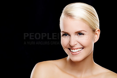 Buy stock photo Woman, glow and skincare in studio for clear skin, foundation and treatment on black background. Female person, dermatology and confidence for shine, mockup space and facial wellness for cosmetics