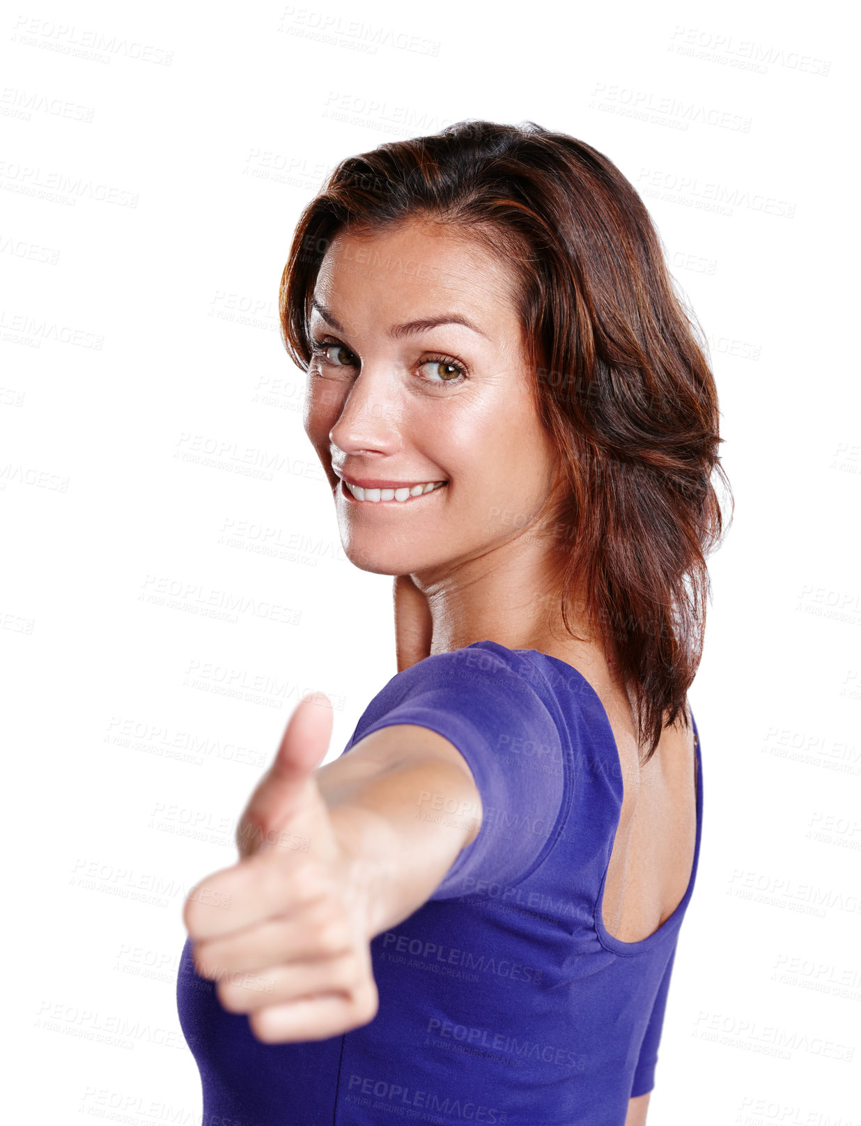 Buy stock photo Thumbs up, woman and portrait with success in studio for achievement, promotion and smile. Yes, hand and female person by white background for support, feedback and good news or review with pride