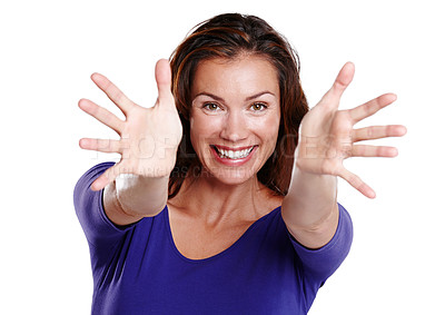 Buy stock photo Hands, woman and portrait with happiness in studio with smile and excited emoji. Female person, face and open palms with brand ambassador by white background for presentation with confidence and joy