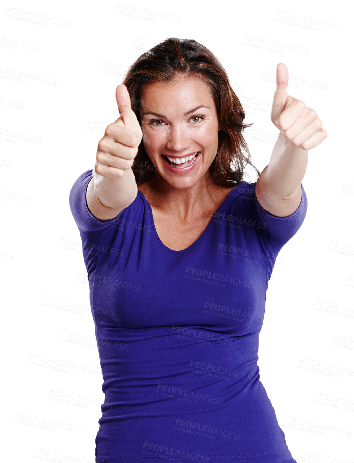 Buy stock photo Thumbs up, excited and portrait of woman for achievement or success in studio with smile and pride. Celebrate, female person and wow emoji for good news and review by white background for winning