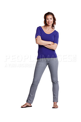 Buy stock photo Happy, woman and arms crossed in portrait for mockup and fashion apparel isolated in studio. Smile, female person or model with pride, confidence and idea for trendy clothes with white background