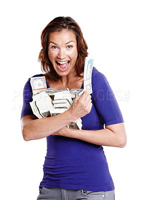 Buy stock photo Excited, money and portrait of woman with success, achievement and cash in studio. Finance, lottery and happiness by white background for female person, wow emoji and bonus or winning with dollars