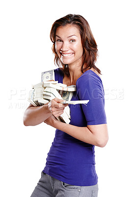 Buy stock photo Side view of a woman in her mid-30's looking excited while holding stacks of paper currency