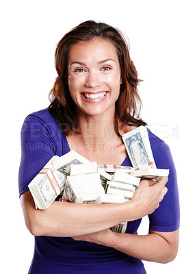 Buy stock photo Happy, money and portrait of woman with success, achievement and cash in studio. Finance, lottery and excited by white background for female person, investment and bonus or winning with dollars