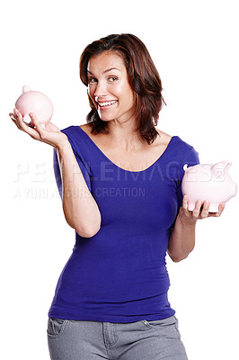 Buy stock photo Portrait, happy and woman with piggy bank for savings in studio for investment, money and finance. Female person, profit and smile with container by white background for credit, security and budget