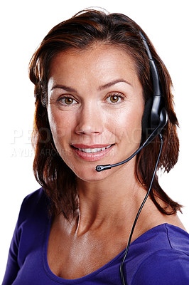 Buy stock photo Portrait, happy woman and headset or microphone for communication in studio for telemarketing. Contact, call center and networking with consultant for support and customer service by white background