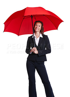 Buy stock photo Umbrella, portrait and woman in studio for fashion with smile, confidence and red color. Young female agent holding shield or protection for life insurance or style isolated on white background