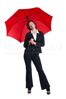 Buy stock photo Umbrella, portrait and woman in studio for smile with fashion, confidence and red color. Young female agent holding shield or protection for life insurance or style isolated on white background