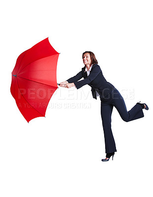 Buy stock photo Business, woman and happy with umbrella in studio for protection, security and assurance with mockup. Professional, employee and cover with life insurance and leap for safety on white background