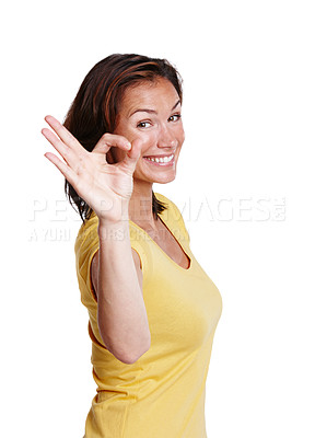 Buy stock photo Ok, hand and portrait of woman for achievement or success in studio with smile and pride. Review or vote, female person and yes emoji for good news and agreement by white background for like gesture