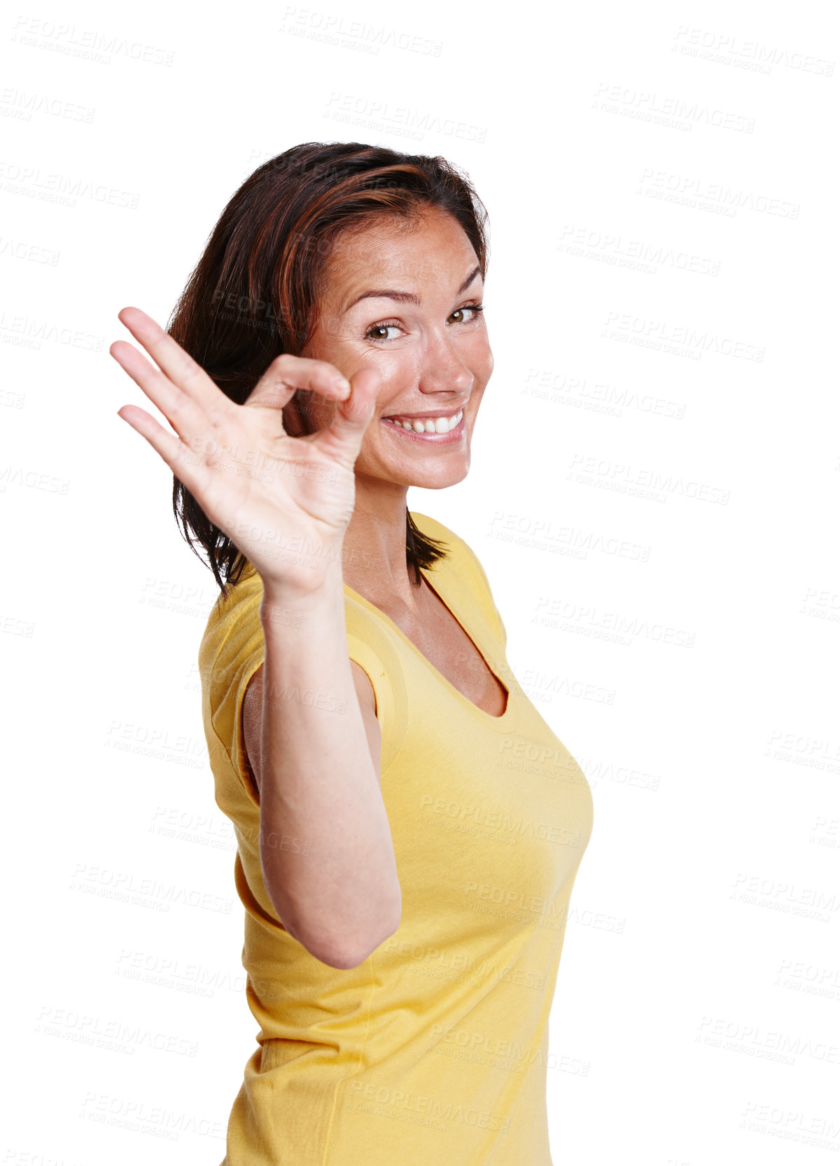 Buy stock photo Ok, hand and portrait of woman for achievement or success in studio with smile and pride. Review or vote, female person and yes emoji for good news and agreement by white background for like gesture