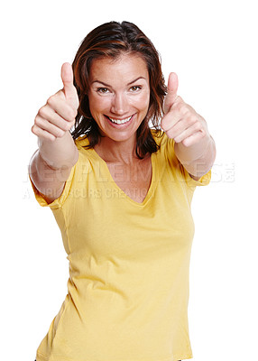 Buy stock photo Thumbs up, happy and portrait of woman for achievement or success in studio with smile and pride. Celebrate, female person and yes emoji for good news and review by white background for winning