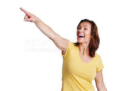 Buy stock photo Happy, woman and pointing in studio with discount or promotion or product placement with pride. Excited, female person and deal with gesture by white background for information or advertisement 