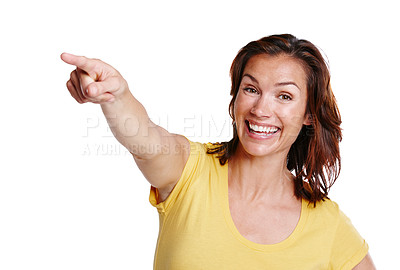 Buy stock photo Woman, pointing and portrait in studio with mockup space for advertising and choice or decision. Female person, happiness and excited with hand for news, presentation and review by white background