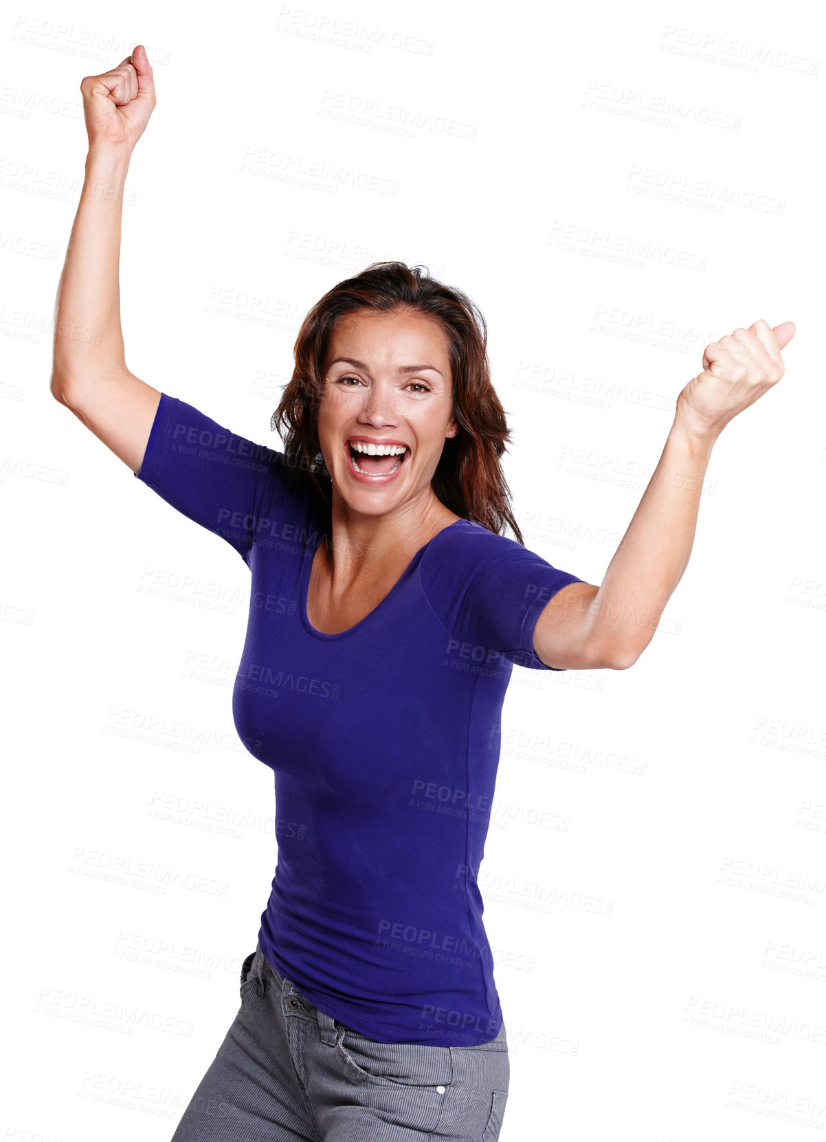 Buy stock photo Portrait, excited and woman for achievement or success in studio with happiness and pride. Celebrate, female person and wow emoji for good news, retail and review by white background for mockup space