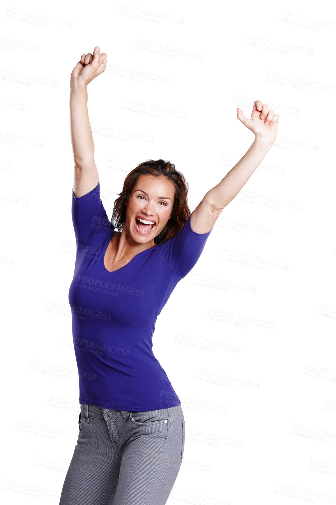 Buy stock photo Winner, excited and portrait of woman for achievement or success in studio with smile and pride. Celebrate, female person and wow emoji for good news and review by white background for mockup space