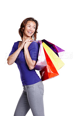 Buy stock photo Studio, smile and woman with shopping bag for fashion, boutique and thinking of retail discount. Product, female person and happy with pride on white background for commerce, store sale and gift idea