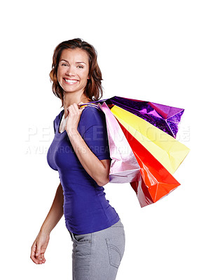 Buy stock photo Studio, relax and portrait of woman with shopping bag for boutique, discount and fashion retail. Happy, female person and customer with smile on white background for commerce, store gift and product