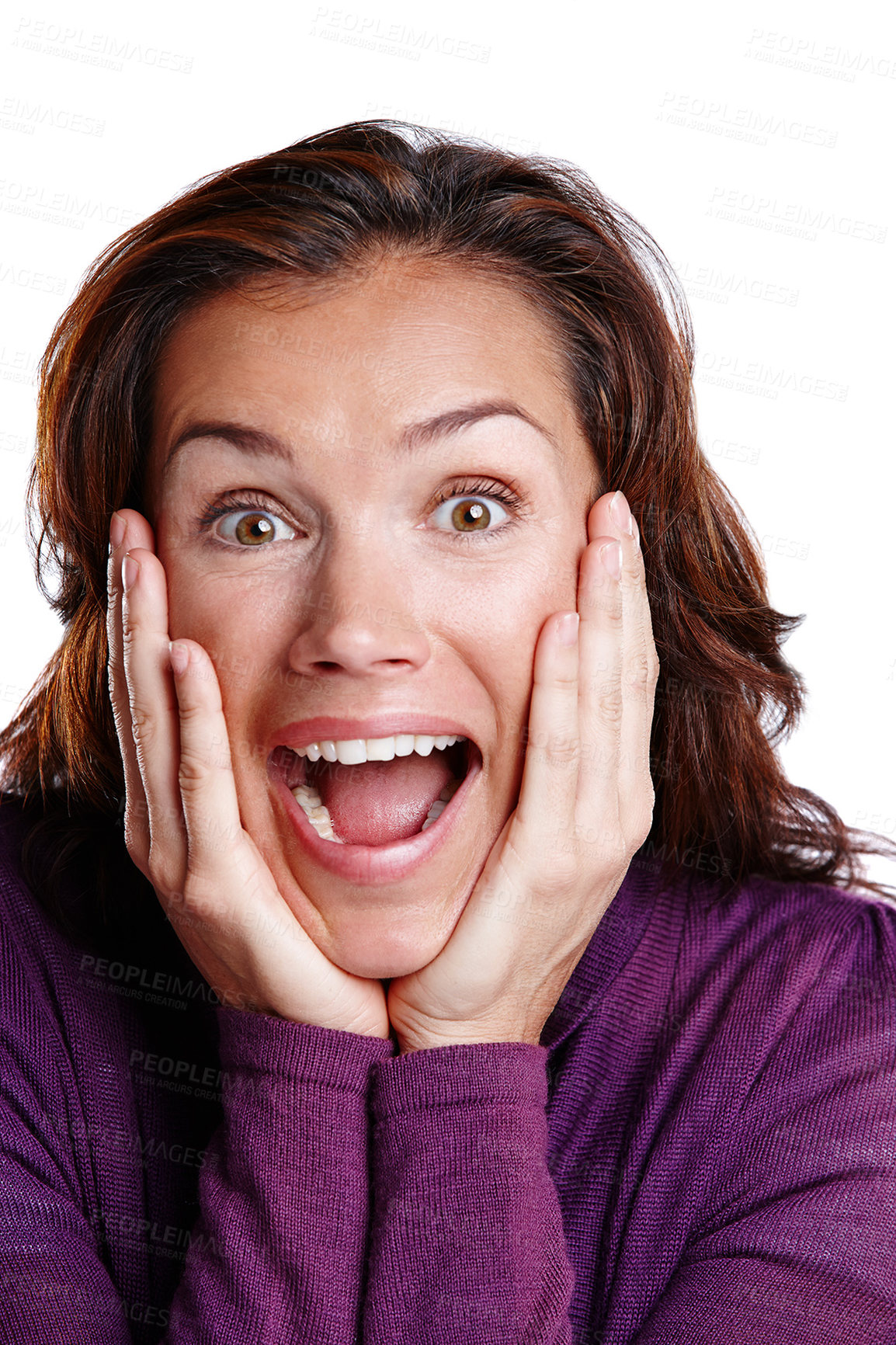 Buy stock photo Woman, surprise and shock in studio portrait for news, announcement or gossip by white background. Person, wow and excited with hands on face for information, secret and happy with smile for story