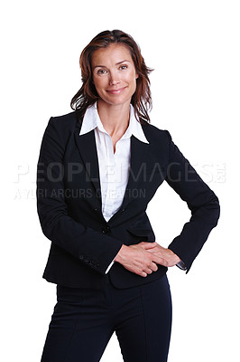 Buy stock photo Woman, portrait and business fashion in studio, lawyer and corporate attorney with white background. Law firm, justice employee and formal clothing, confident and professional advisor in suit