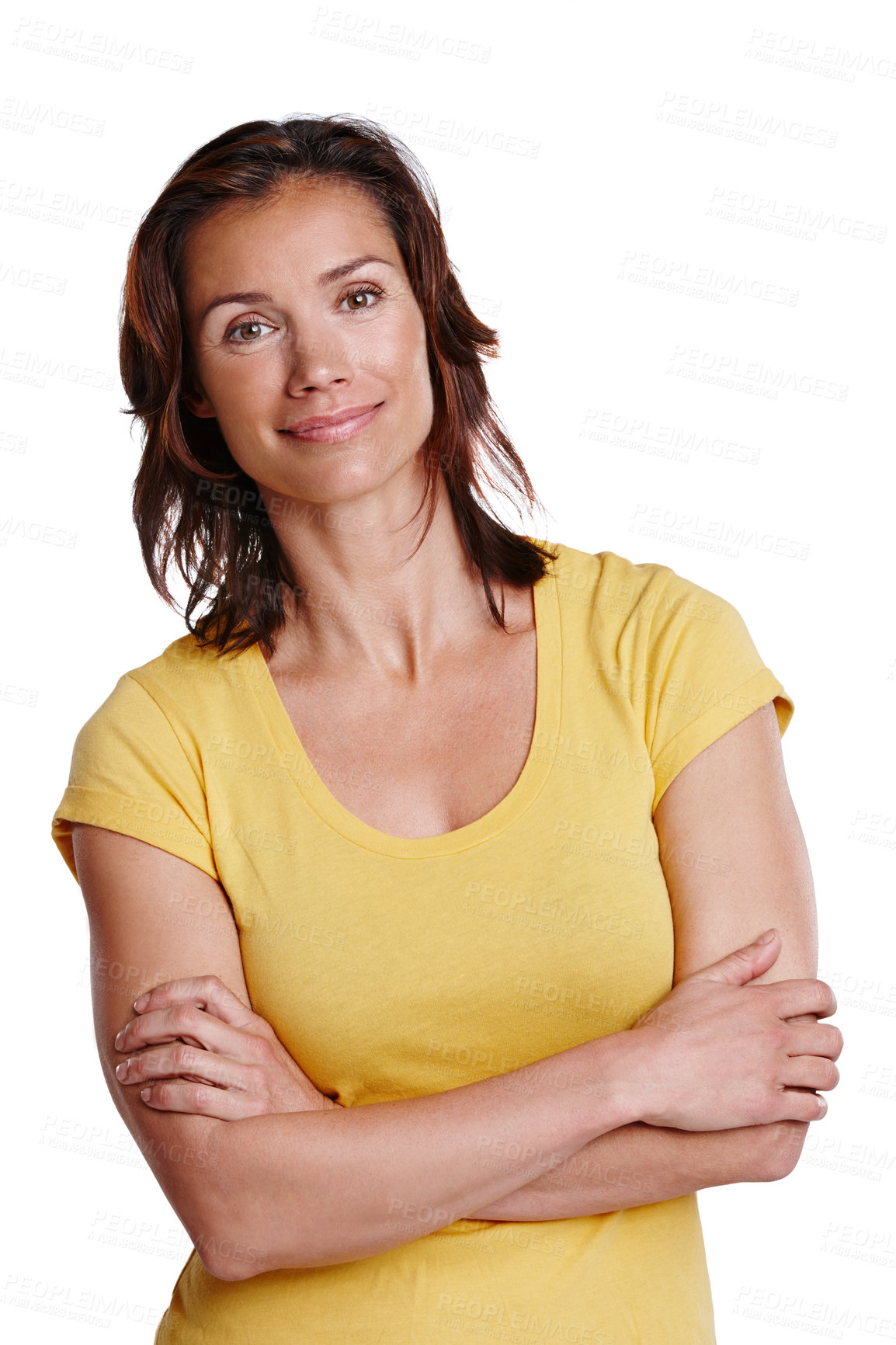 Buy stock photo Fashion, crossed arms and portrait of woman in studio with casual, trendy and cool tshirt. Smile, confident and mature female person from Brazil with style for outfit isolated by white background.