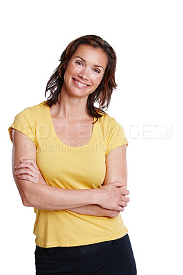 Buy stock photo Portrait, woman and smile with arms crossed for confidence, relax and mockup in studio. Female person, happiness and proud for natural beauty with isolated, wellness and space by white background