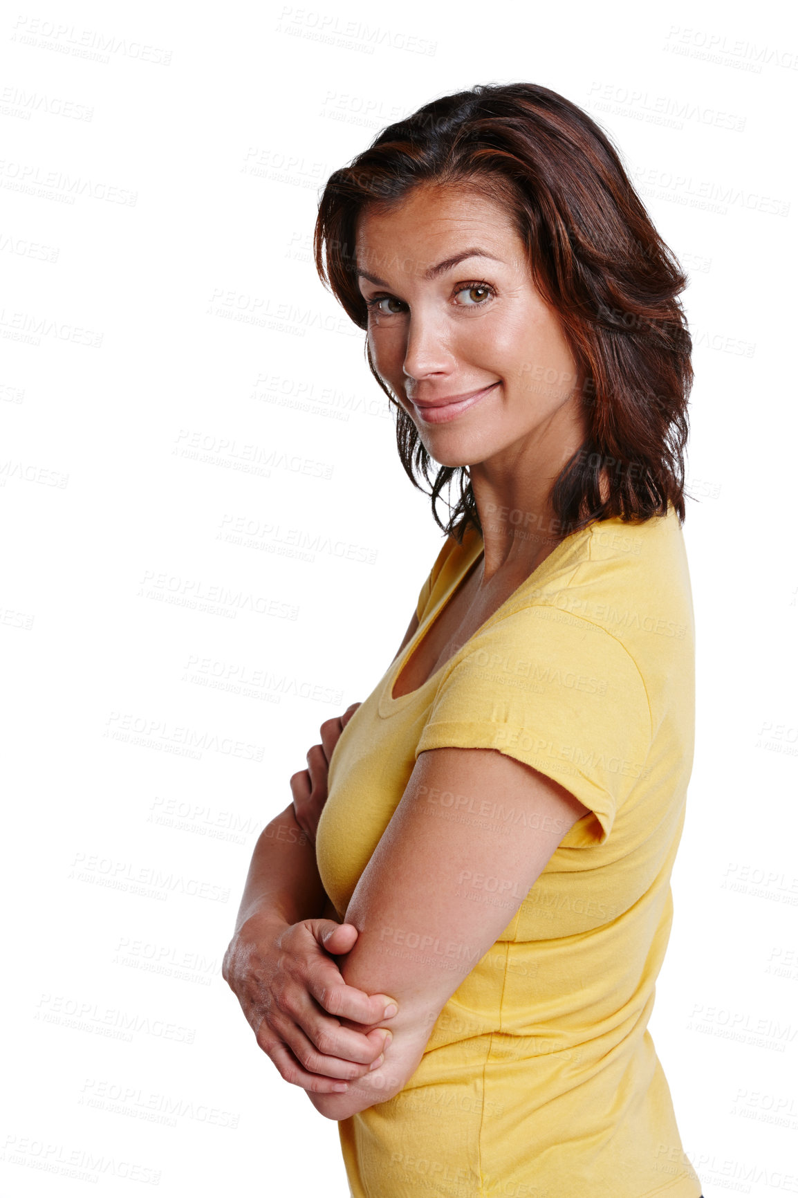 Buy stock photo Style, crossed arms and portrait of woman in studio with casual, trendy and cool t-shirt. Smile, confident and female person from Brazil with fashion for outfit isolated by white background.