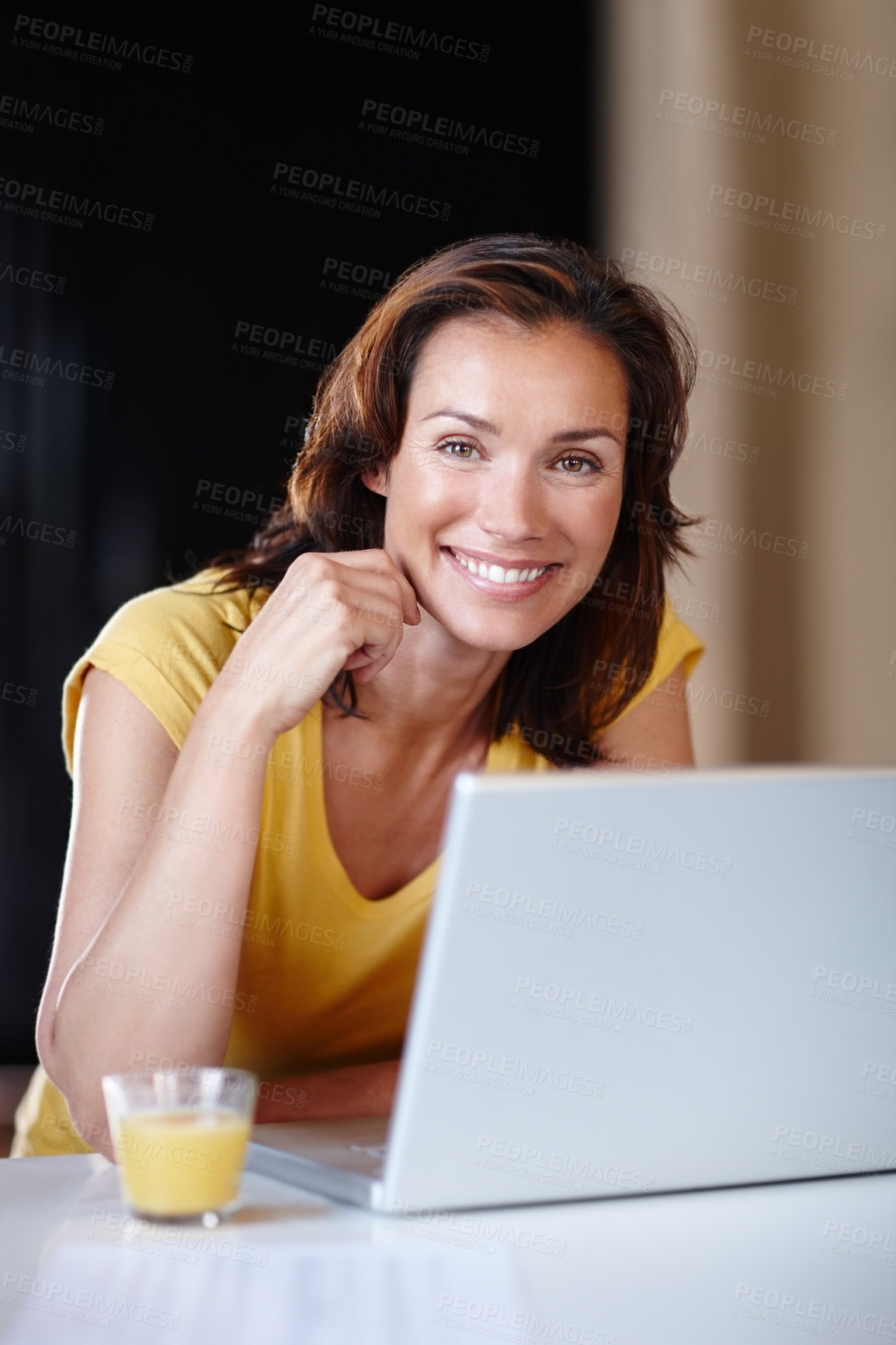 Buy stock photo Woman, portrait and laptop in home for remote work, writing email and planning schedule for freelance. Female person, computer and internet research for copywriting career, editing article and smile