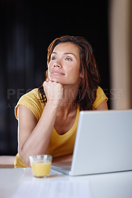 Buy stock photo Woman, thinking and laptop in home for remote work, writing email and schedule ideas for freelance. Female person, computer and thoughts for copywriting research, editing article and contemplating