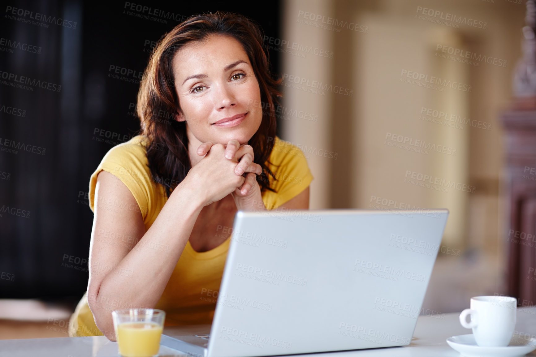 Buy stock photo Woman, portrait and laptop for remote work, reading email and planning schedule for freelance in home. Female person, computer and internet research for copywriting, editing article and online news