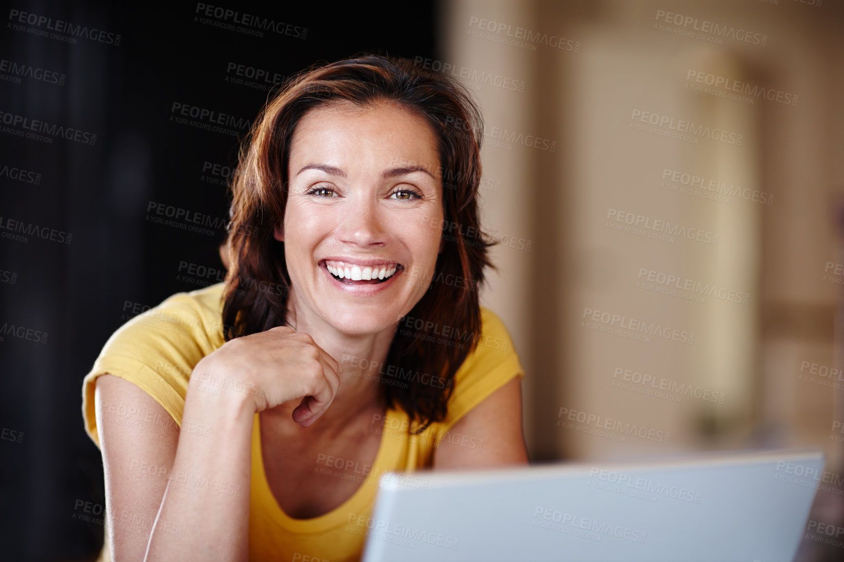 Buy stock photo Woman, portrait smile and laptop for remote work, reading email and schedule plan for freelance career in home. Female person, computer and research for copywriting, editing article and online news